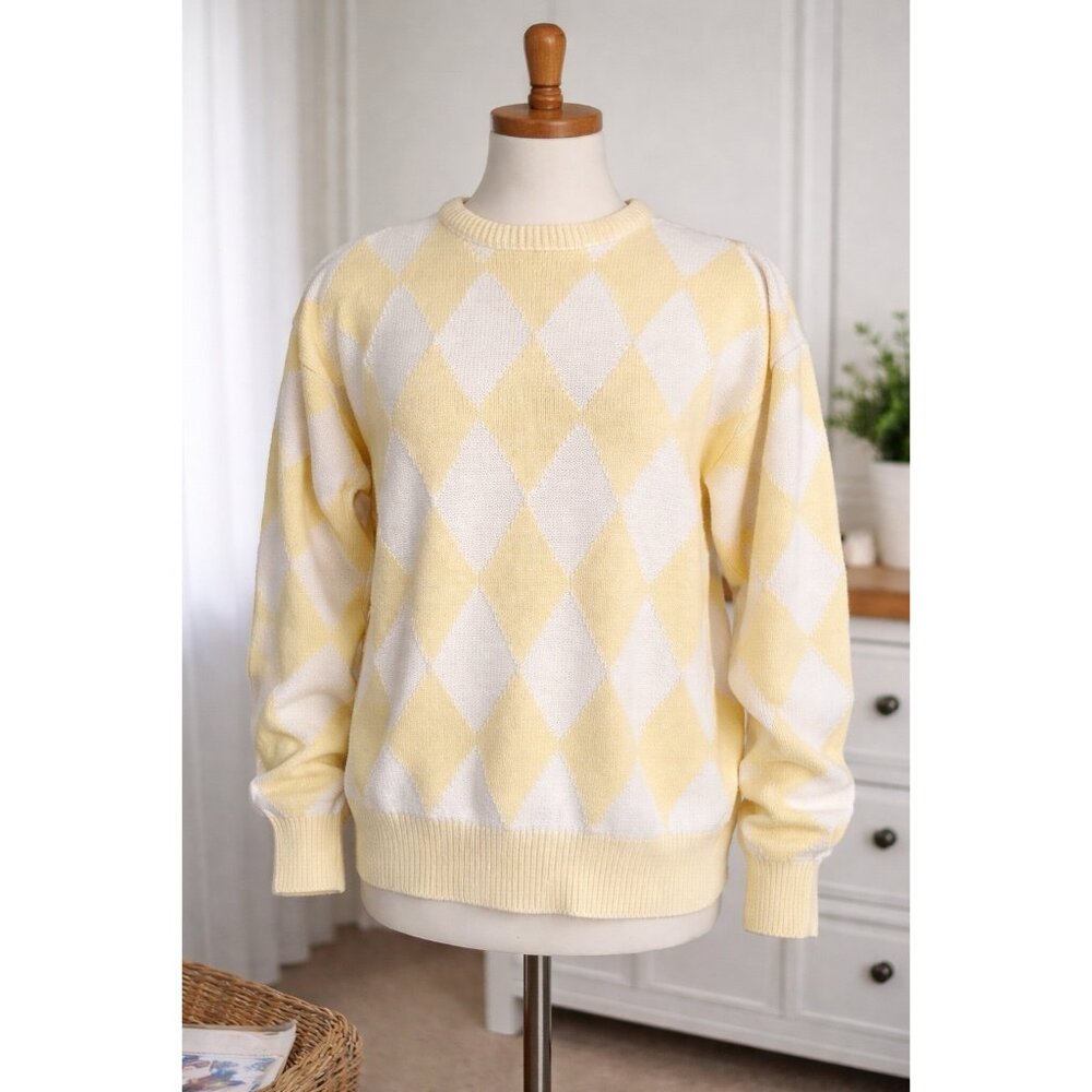 Lady Pickering Sweater Top Preppy Womans XL Cotton Yellow White Pullover Vintage